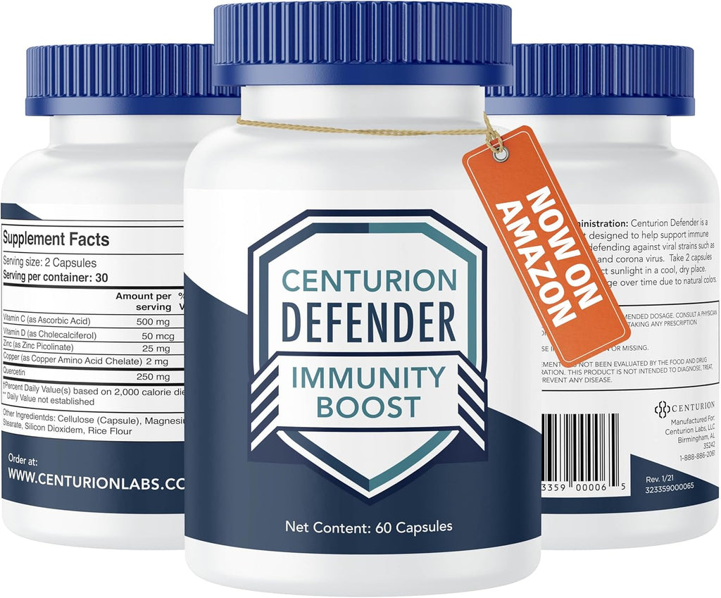 Centurion Labs Defender Immunity Boost, 5-in-1 Powerful Blend of Quercetin, Zinc, Vitamin D, Vitamin C, Copper to Help Support Overall Health, 60 Caps