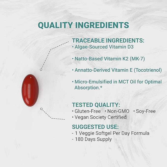 Naturalis Vegan Vitamin ADK with 50mg Tocotrienol and CoQ-10 | Nano-Emulsified in EVOO for Better Absoprtion | Non-GMO, Soy Free and Vegan Society Certified | 180 Veggie Softgels (Carrageenan Free)