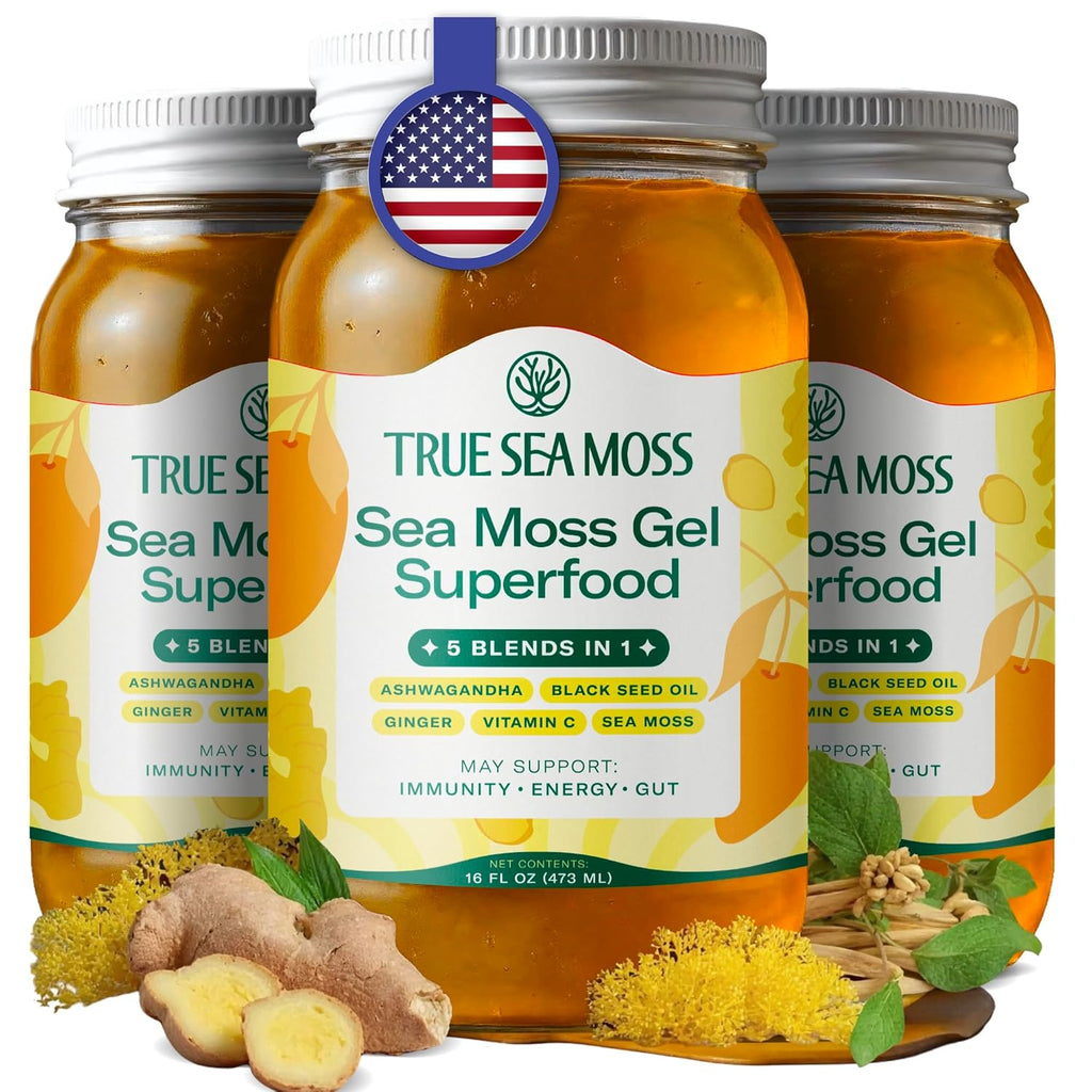 TrueSeaMoss Sea Moss Gel – Made in USA – 5-in-1 Formula – Wildcrafted Seamoss, Ashwagandha & Sea Vegetables – Ashwagandha, Pack of 3 (Labels may Vary)