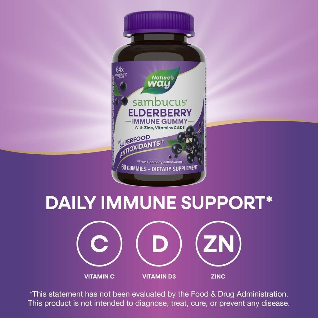 Nature's Way Sambucus Elderberry Immune Gummies, Daily Immune Support for Kids and Adults*, with Vitamin C, Vitamin D3, Zinc, Gluten Free, Vegetarian, 60 Gummies (Set of 3)