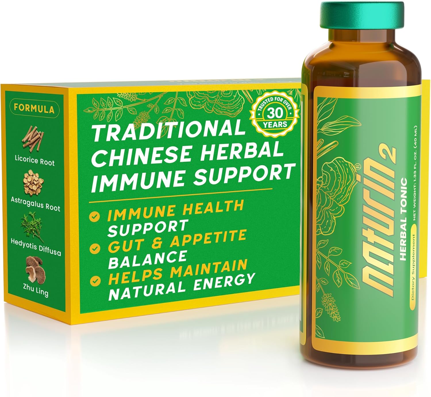 Herbal Immune Support & Adaptogen Drink - 30 Vials (40ml) | 30 Years of Herbal Wellness for Vitality, Energy & Digestive Health - Licorice Root, Astragalus, Hedyotis, Reishi Mushroom Extract