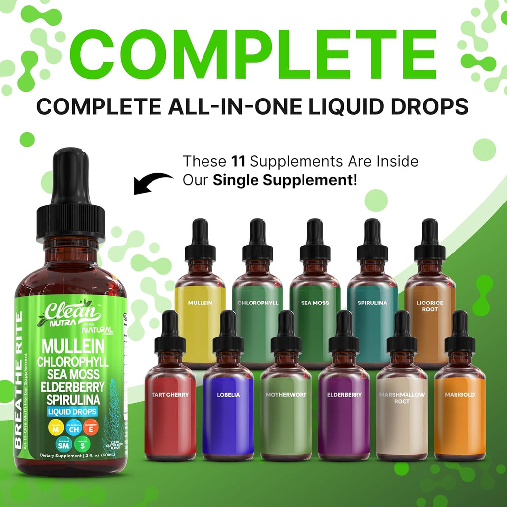 Clean Nutra Mullein Drops for Lungs Organic Chlorophyll Liquid Irish Sea Moss, Spirulina, Licorice, Tart Cherry Lobelia, Motherwort & Elderberry Mullein Leaf Extract Tincture Men Women Supplement