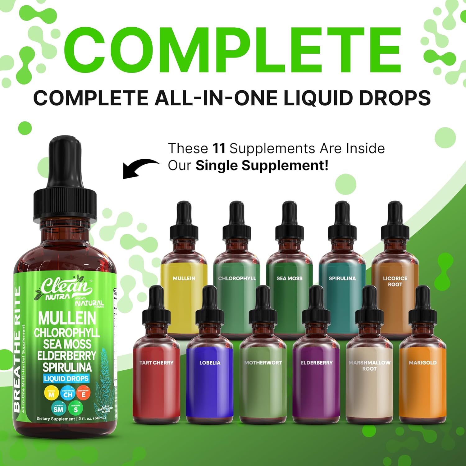 Clean Nutra Mullein Drops for Lungs Organic Chlorophyll Liquid Irish Sea Moss, Spirulina, Licorice, Tart Cherry Lobelia, Motherwort & Elderberry Mullein Leaf Extract Tincture Men Women Supplement