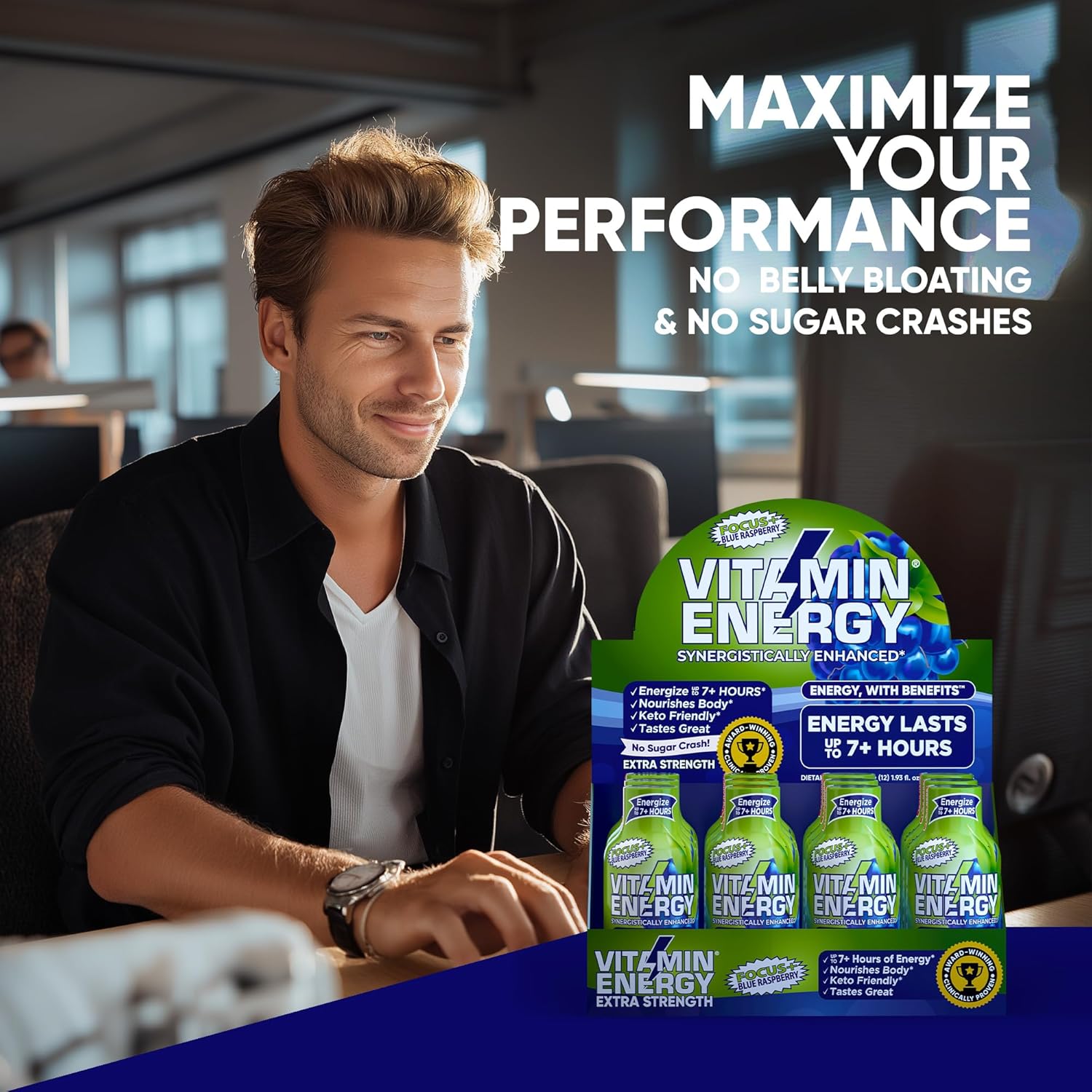 Vitamin Energy Focus+ Extra Strength Energy Shot Blue Raspberry 8 Pack, 260mg Natural Caffeine, B-Vitamins, CoQ10, Amino Acids, Focus, Productivity & Clarity, Zero Sugar, Gluten-Free, 1.93 fl oz
