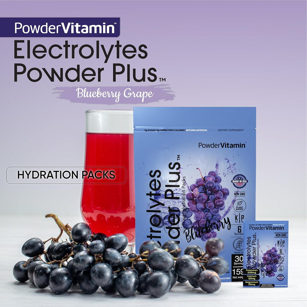 PowderVitamin Electrolytes Powder Plus, Keto, Blueberry Grape, Zero Sugar, 1000mg Potassium, 120mg Calcium, 120mg Magnesium, Non-GMO, Zero Calories, 30 Hydration Packets