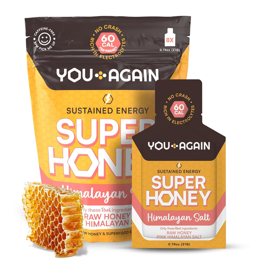 You Again Super Honey Clean Energy Gel, Honey & Himalayan Salt | Electrolyte Replenishment Running Fuel | Endurance Workouts & Cycling Gel | Paleo & Carnivore Snack | Gluten-Free | USA Made | 8-Pack