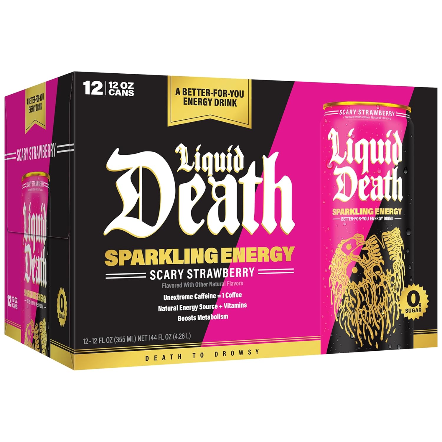 Liquid Death Sparkling Energy - Scary Strawberry (Strawberry and Lemon Flavor), Sugar-Free Energy Drink, Unextreme Caffeine 100mg, Essential Vitamins, 12 Fl Oz (Pack of 12)