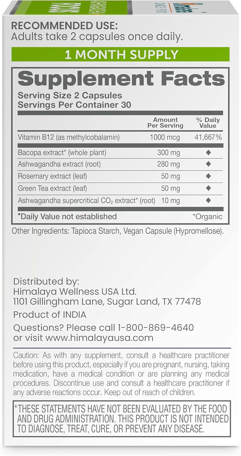Himalaya Ashwagandha+ Focus with Ashwagandha, Bacopa, Rosemary & Green Tea for Memory, Focus and Clarity, 60 Capsules, 1 Month Supply, Vegan, Gluten Free