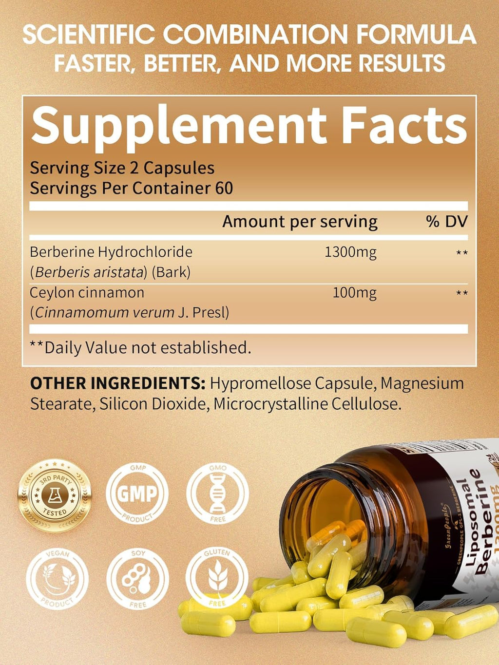 Liposomal Berberine HCL1300mg - Berberine Supplement with Ceylon Cinnamon Activates GLP-1 & AMPK - High Absorption Formula Healthy Weight Support – Non-GMO/Vegan – 60-Day