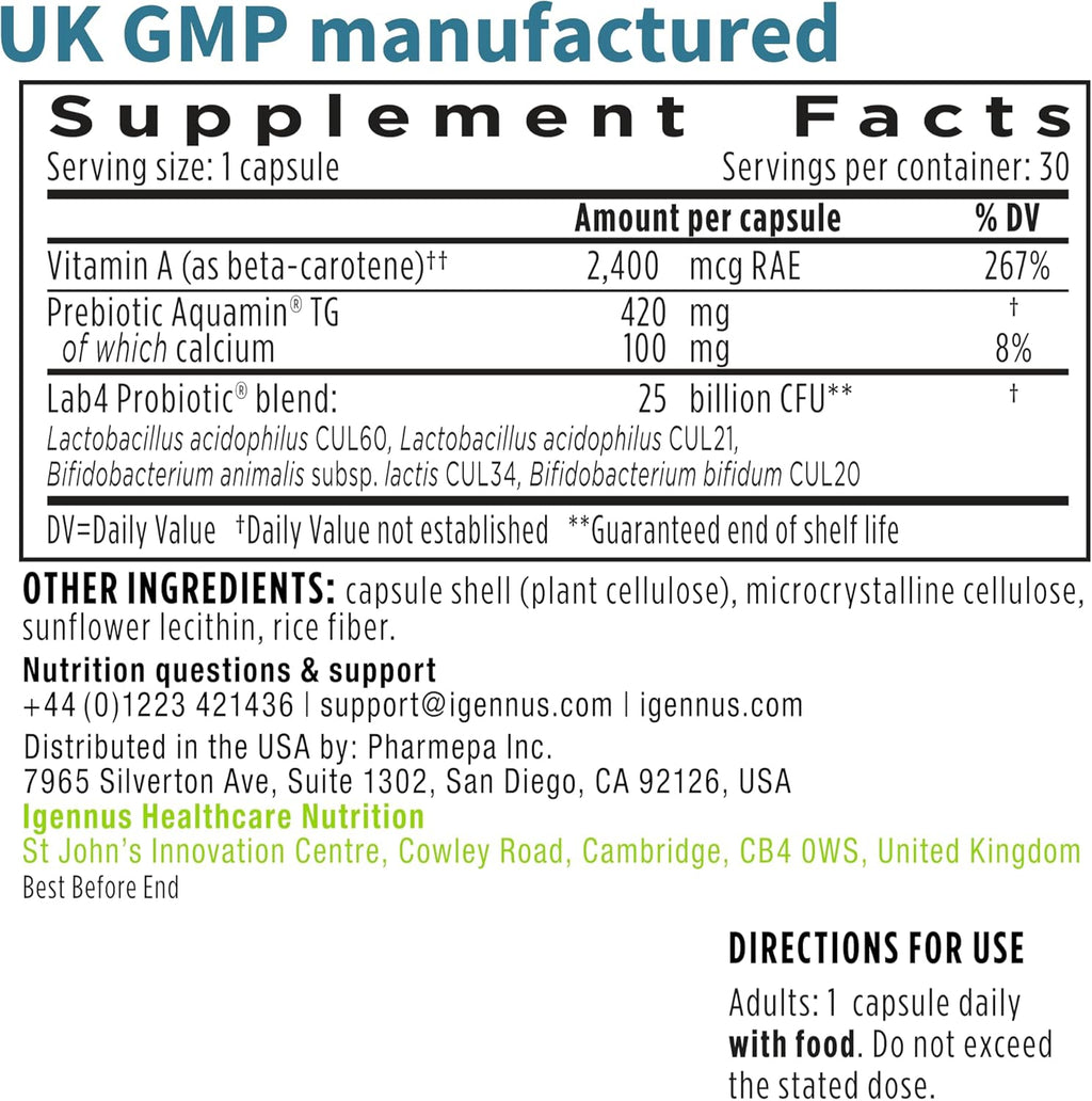 Igennus Probiotics & Prebiotic, Lactobacillus Acidophilus & Bifidobacterium, Live Cultures+ Lab4, Guaranteed 25 Billion CFU, for Women & Men, Non-Bloating Gut Health Support, Non-GMO, 30 Capsules