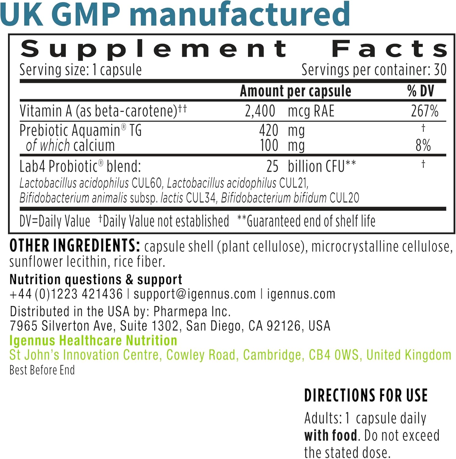 Igennus Probiotics & Prebiotic, Lactobacillus Acidophilus & Bifidobacterium, Live Cultures+ Lab4, Guaranteed 25 Billion CFU, for Women & Men, Non-Bloating Gut Health Support, Non-GMO, 30 Capsules