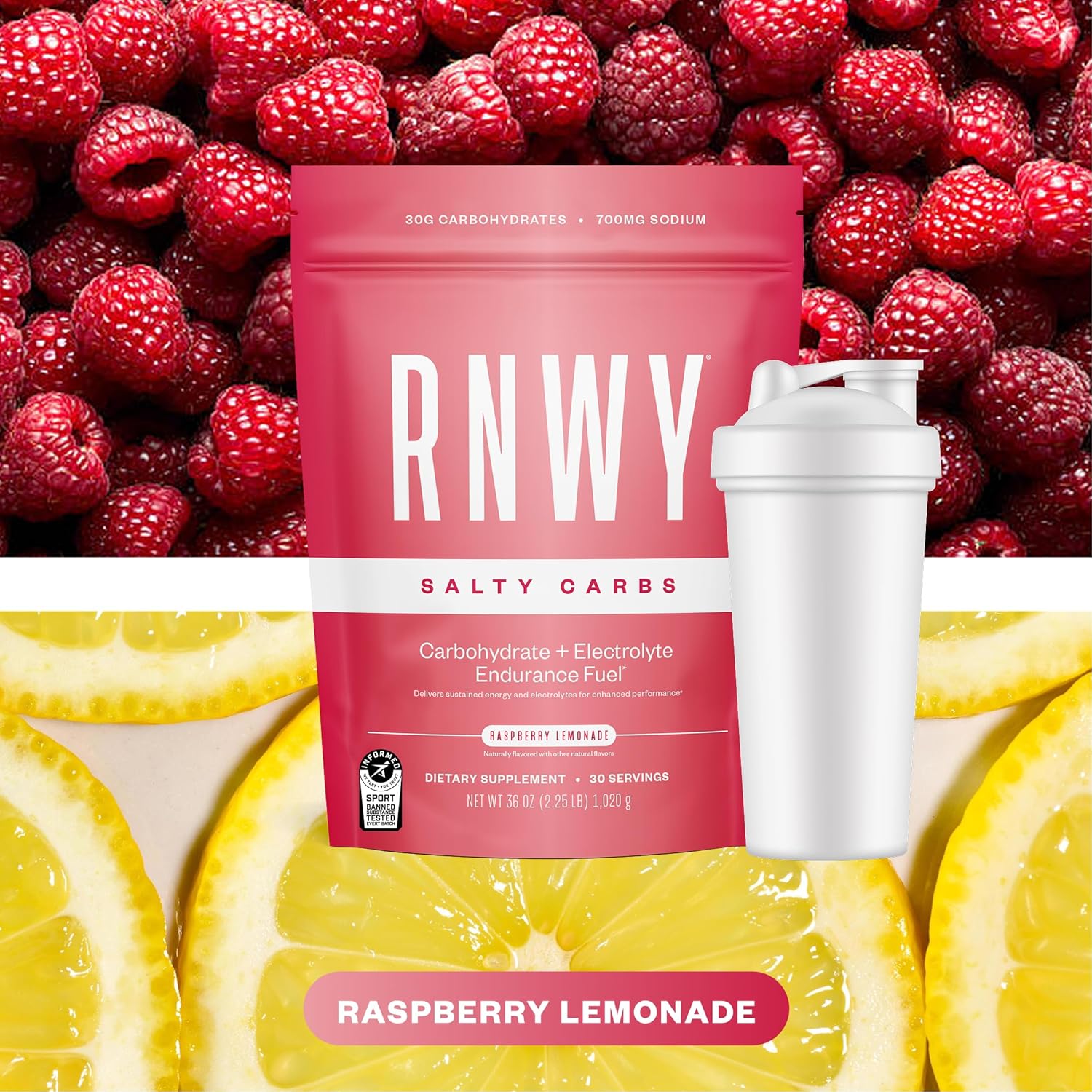 Salty Carbs Electrolyte Drink Mix 30g Dual-Action Carbs + 700mg Sodium – Endurance Fuel for Runs, Rides and Races – Gluten-Free, Dairy-Free, Non-GMO (30 Servings, Raspberry Lemonade)
