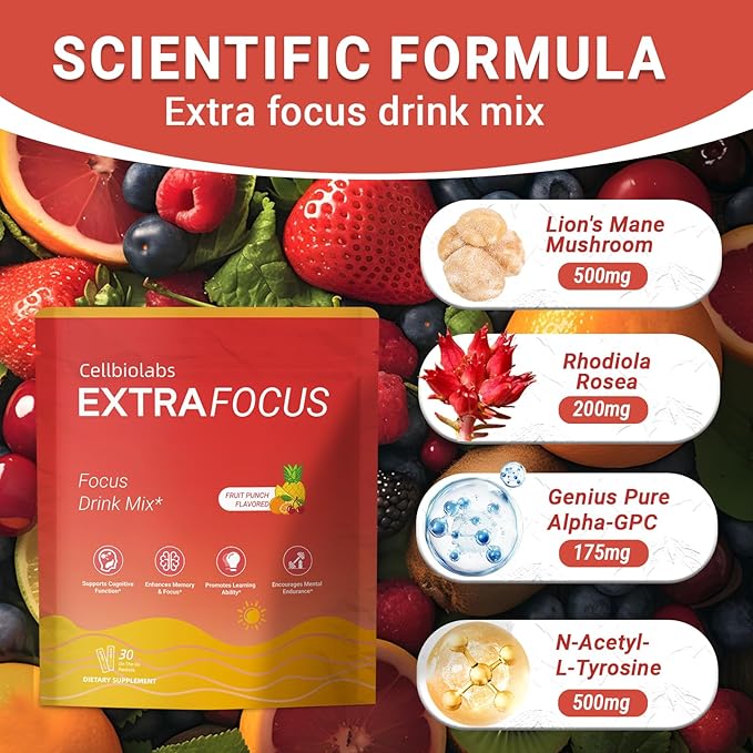 Cellbiolabs Extra Focus Drink Mix, 30 On-The-Go Stick Packs, Featuring Alpha-GPC, Lion's Mane & Rhodiola, Sugar-Free Clean Drink Mix