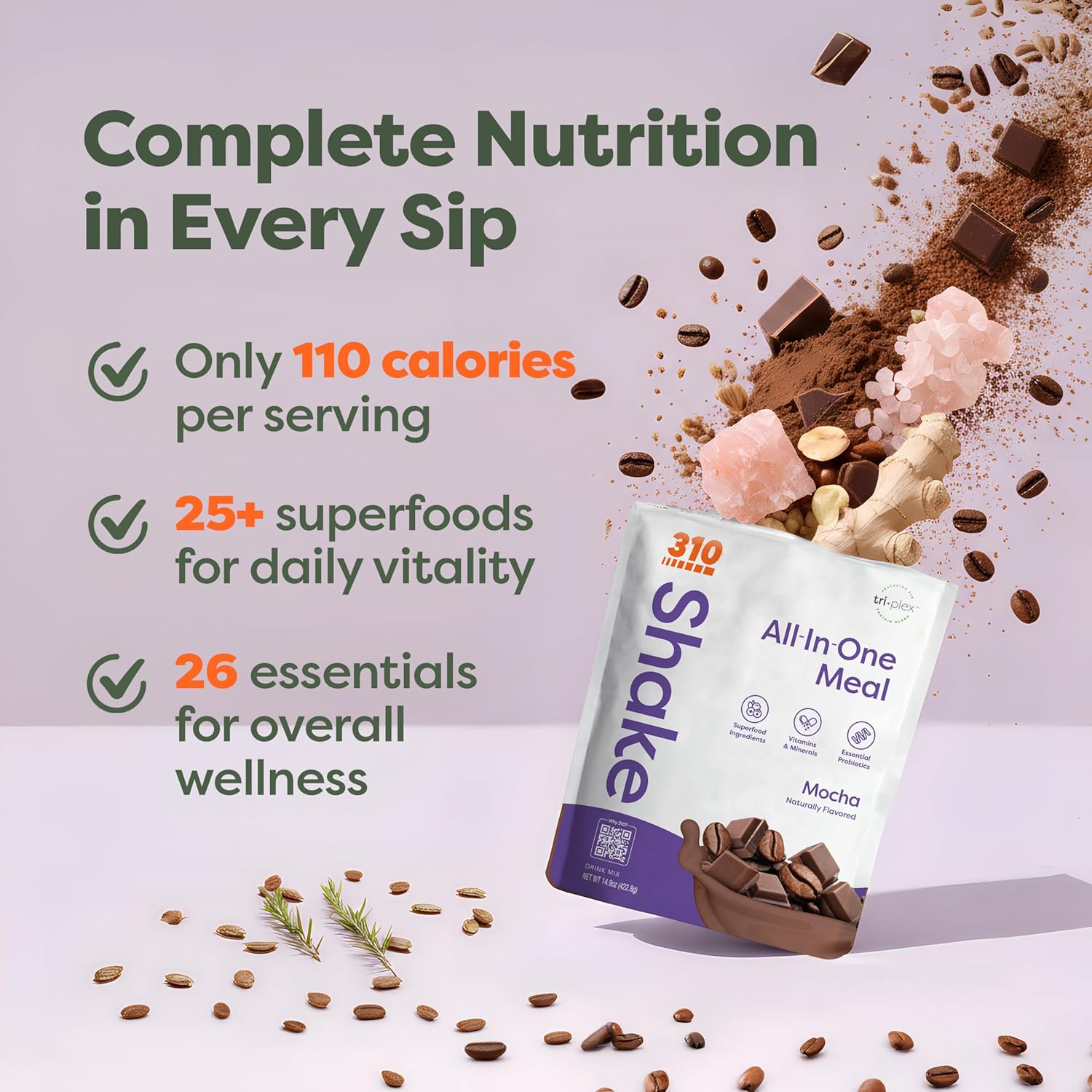 310 Nutrition All-In-One Meal Replacement Shake Powder - Plant-Based Protein Smoothie Blend w/High Fiber, Probiotics & Adaptogens - Low Carb, Vegan, Keto & Paleo Friendly - Mocha - 28 Srv