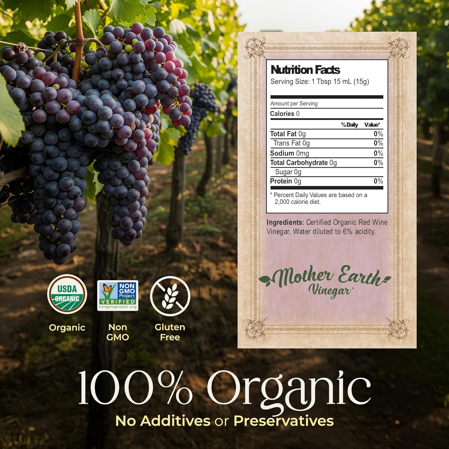 Mother Earth, Organic Red Wine Vinegar with The Mother, Fresh Pressed Organic Cabernet Grapes, ORWV, RWV, Raw, Unpasteurized, Unfiltered (1/32oz Glass Bottle)