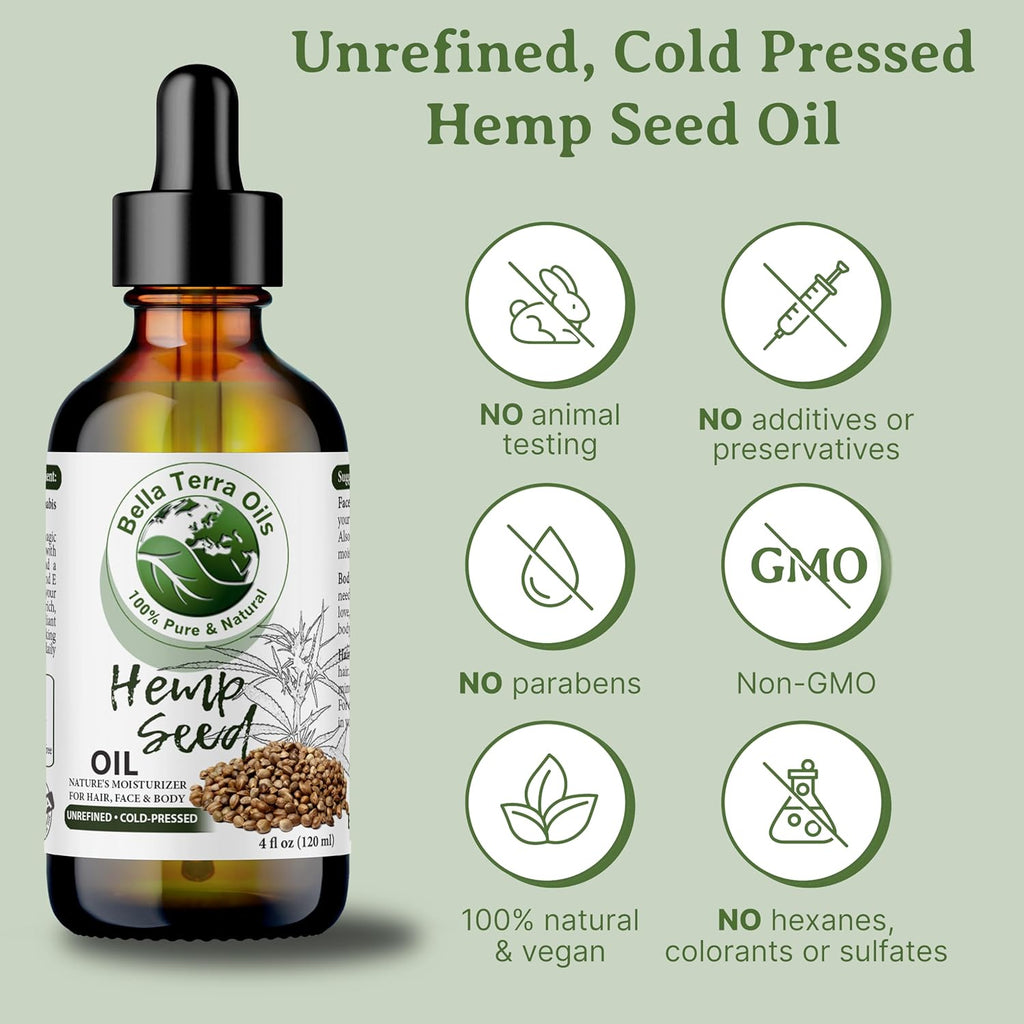 Bella Terra Oils - Hemp Seed Oil 2oz - Embrace the Deep Nourishment of Omega-6 & Omega-9, Zinc & Magnesium, Crafted for the Ultimate Cosmetic Experience