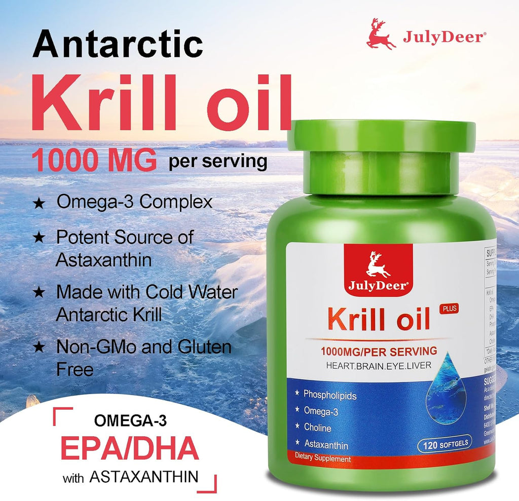 Krill Oil 1000 mg 240 Softgels with Omega-3s EPA, DHA, Astaxanthin and Phospholipids Supplement, Antarctic Krill No Fishy Aftertaste for Joint, Heart, Brain and Immunity - 2 Bottles