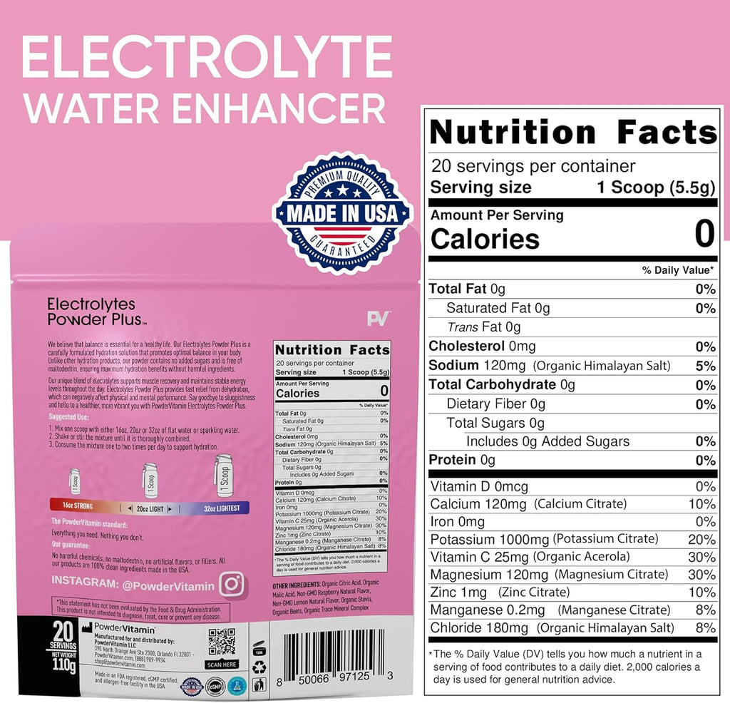 PowderVitamin Electrolytes Powder Plus (20 Servings) Raspberry Lemonade Electrolyte Powder Zero Calorie Keto,0 Sugar,No Maltodextrin,1000mg Potassium,120mg Calcium,120mg Magnesium, Pink Himalayan Salt