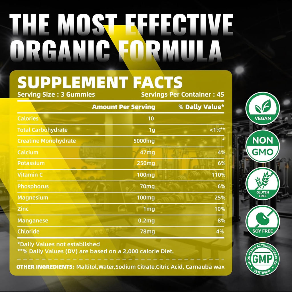 Creatine Monohydrate Gummies for Men & Women-5g of Creatine Monohydrate per Serving - Sugar Free,Vegan, Pineapple Electrolyte Chews, 135 Count