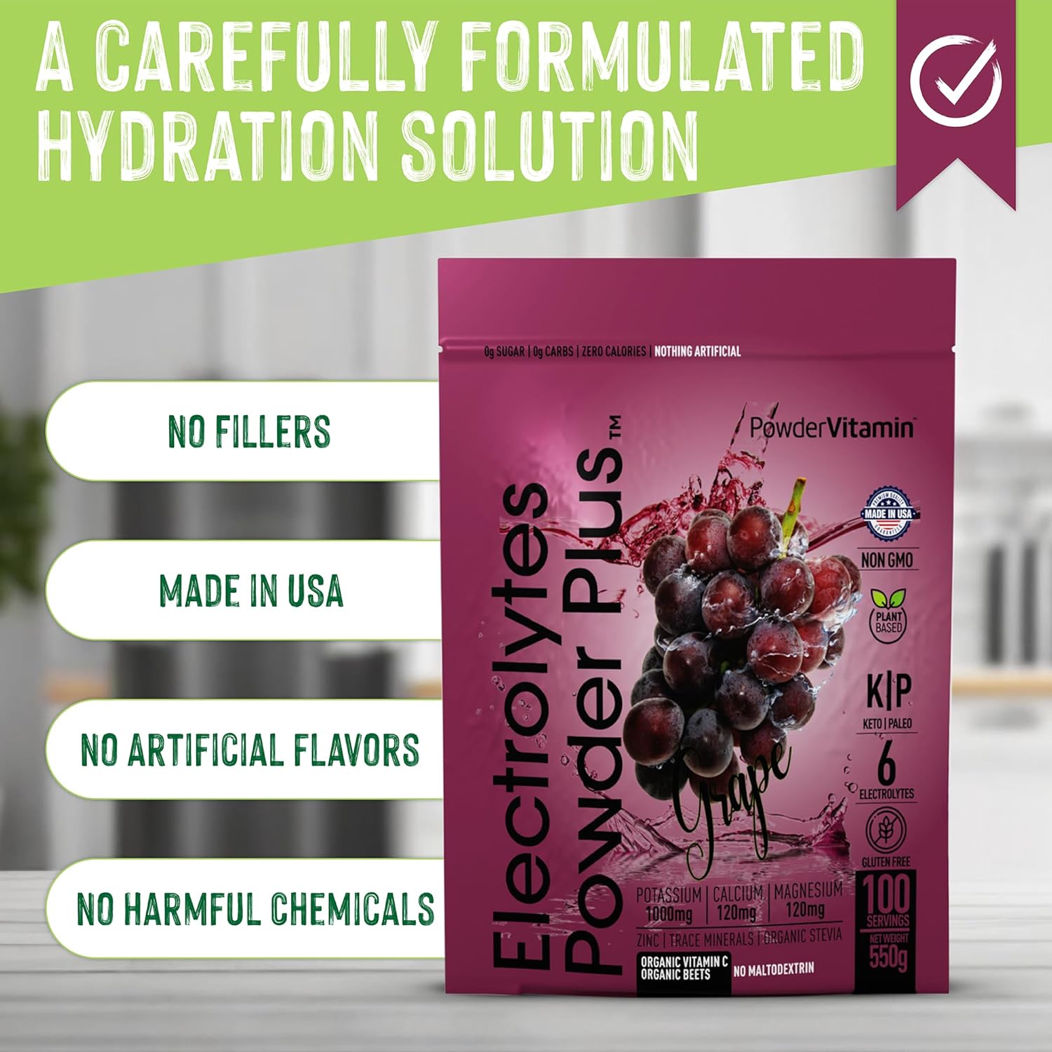 PowderVitamin Electrolytes Powder Plus (100 Servings) Grape Electrolyte Powder Zero Calorie Keto, 0 Sugar, No Maltodextrin,1000mg Potassium,120mg Calcium,120mg Magnesium, Hydration Powder