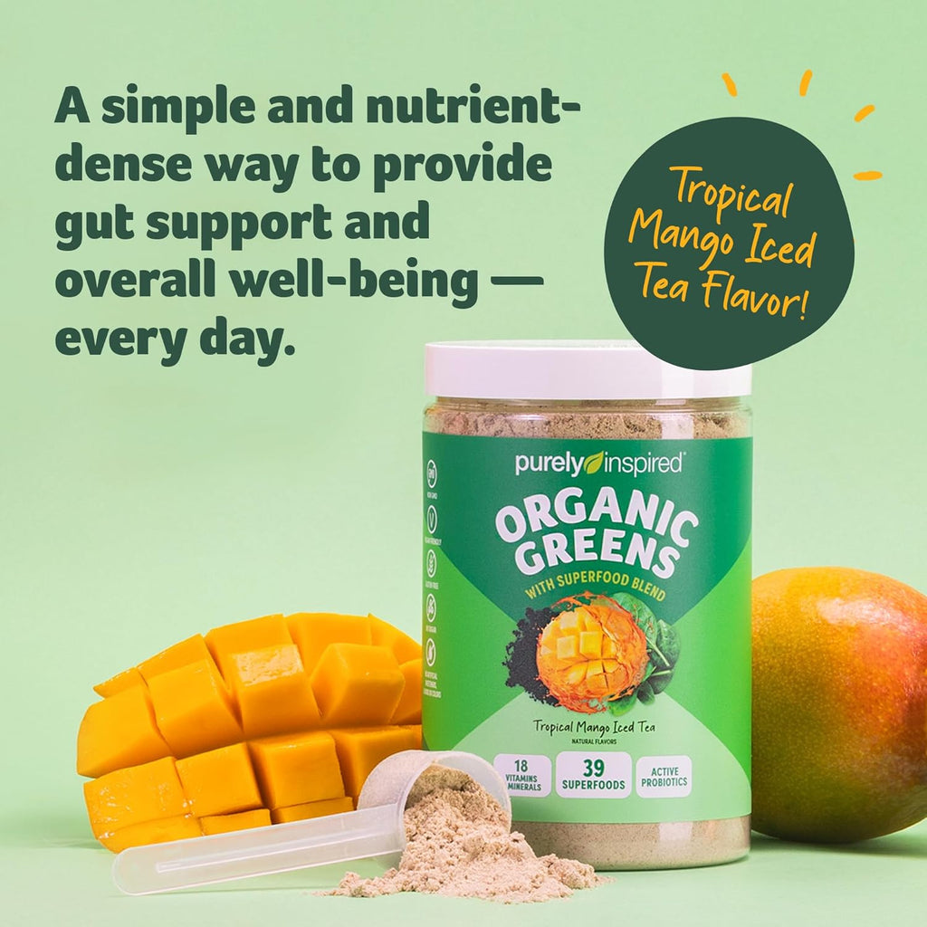 Purely Inspired Organic Green Powder Smoothie Mix, Tropical Mango Iced Tea Flavor (30 Servings) - Probiotics for Digestive Health with Spirulina & Chlorella for Gut Health - Vegan & Gluten-Free