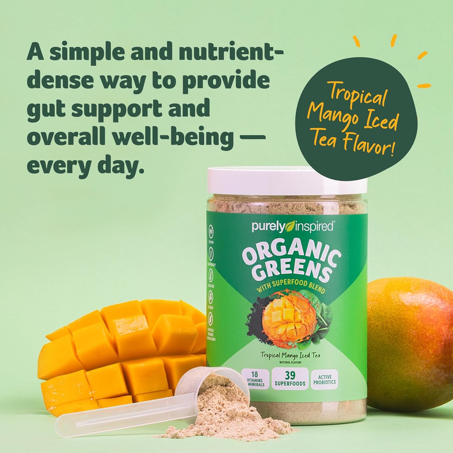 Purely Inspired Organic Green Powder Smoothie Mix, Tropical Mango Iced Tea Flavor (30 Servings) - Probiotics for Digestive Health with Spirulina & Chlorella for Gut Health - Vegan & Gluten-Free