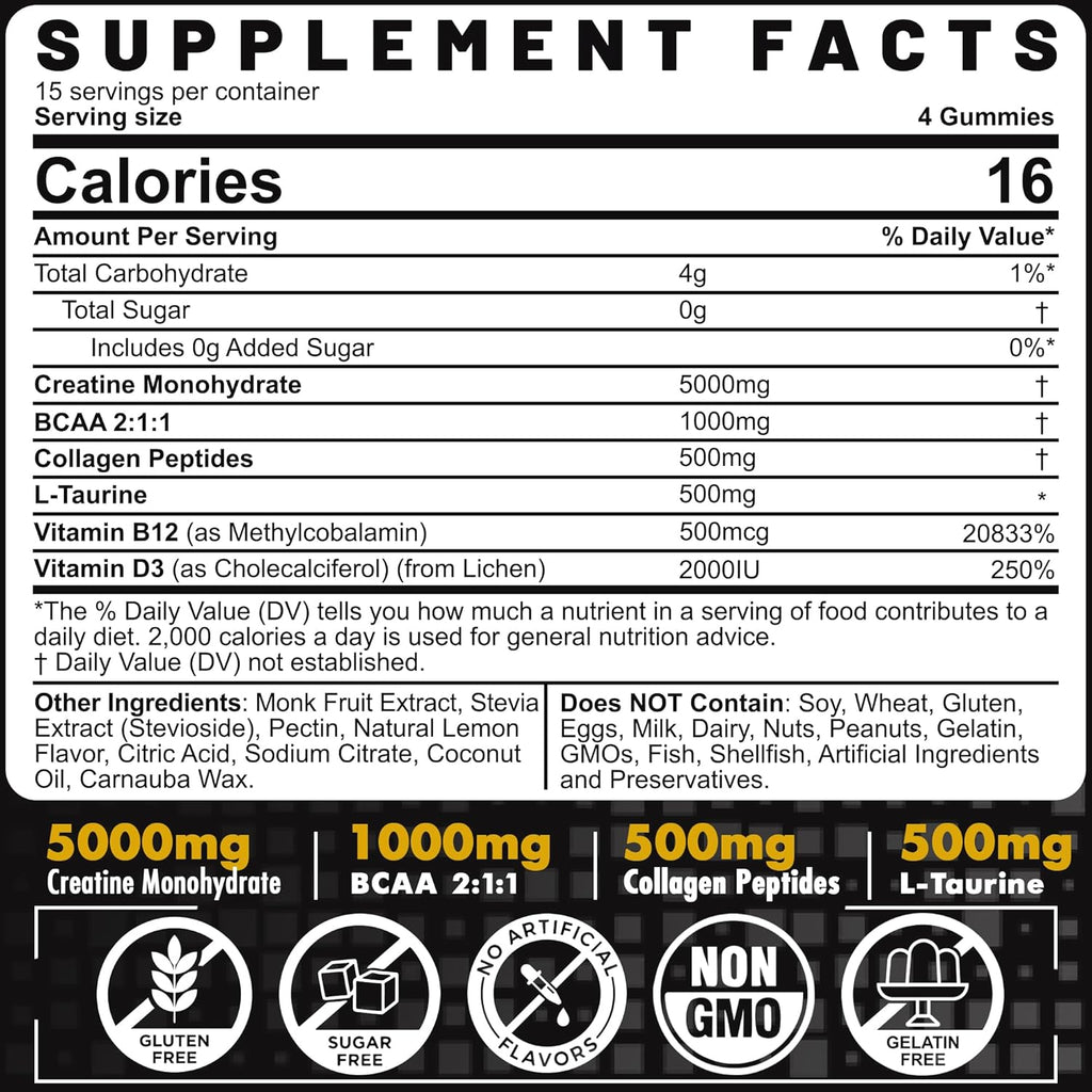 Creatine Monohydrate Gummies for Men & Women - with BCAA, Collagen Peptides, L-Taurine, Vitamin B12, D3, Chewables Creatine Monohydrate 5g Per Serving, Natural Lemon Flavor, Sugar Free, 2 Pack
