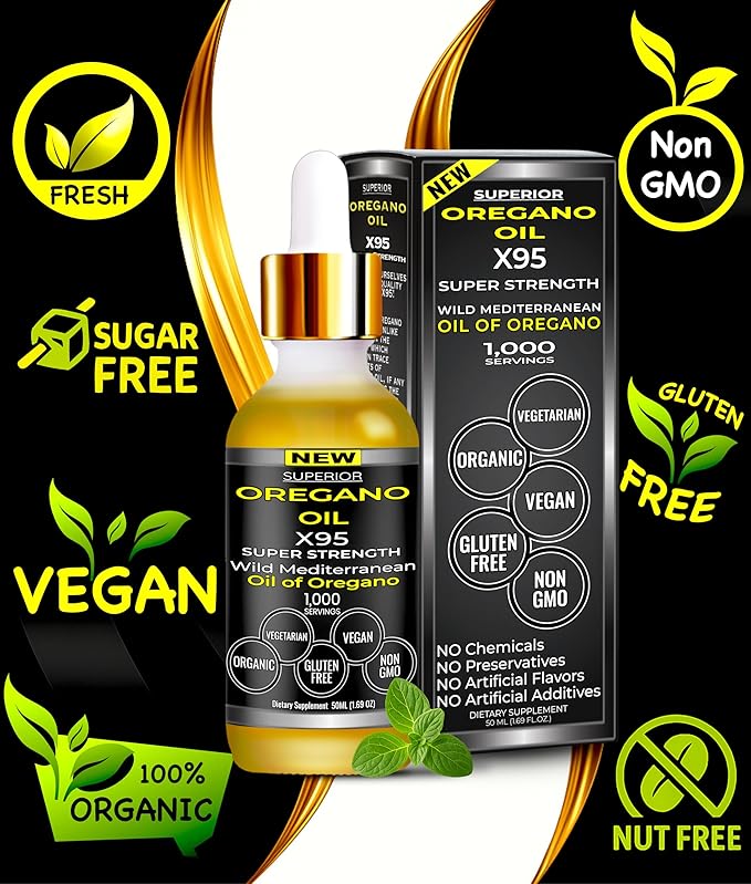 Organic Oregano Oil Drops - 1,000 Servings, 12 Month Supply, Wild Oil of Oregano 9X Carvacrol, Immune & Digestive Support, Non-GMO, Food Grade Herbal Supplement, Alternative to oil of Oregano Tincture