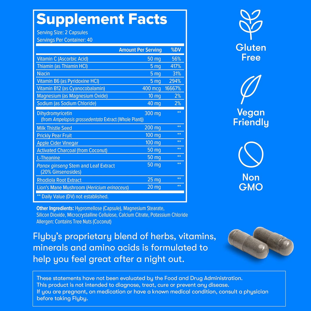 Flyby Recovery Supplement - All The Hang, Without The Over!™ - with Milk Thistle, Vitamin C, Activated Charcoal, and Apple Cider Vinegar - Pre & Post Drinking Formula (80 Count)