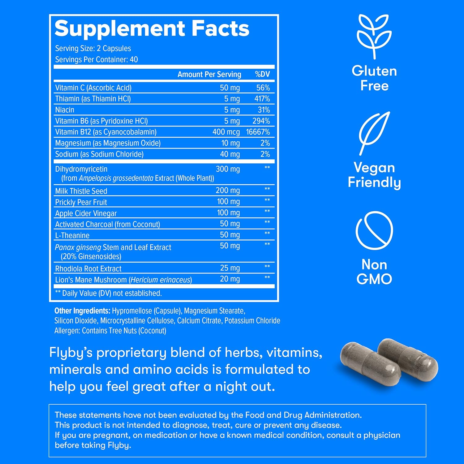Flyby Recovery Supplement - All The Hang, Without The Over!™ - with Milk Thistle, Vitamin C, Activated Charcoal, and Apple Cider Vinegar - Pre & Post Drinking Formula (80 Count)