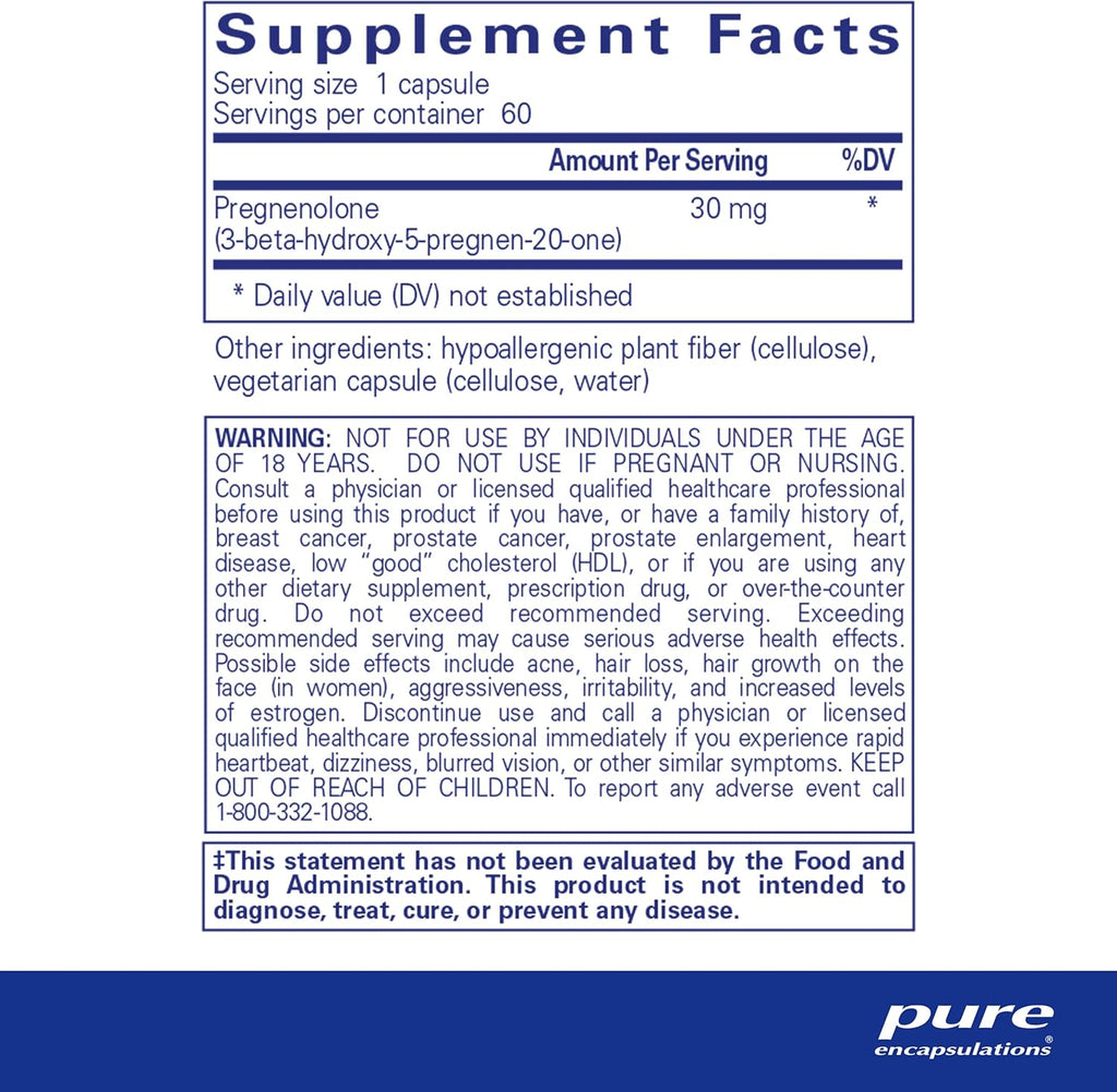 Pure Encapsulations Pregnenolone - 30 mg - Hormone Support - Memory Support & Brain Supplement - Gluten Free & Vegan - 60 Capsules