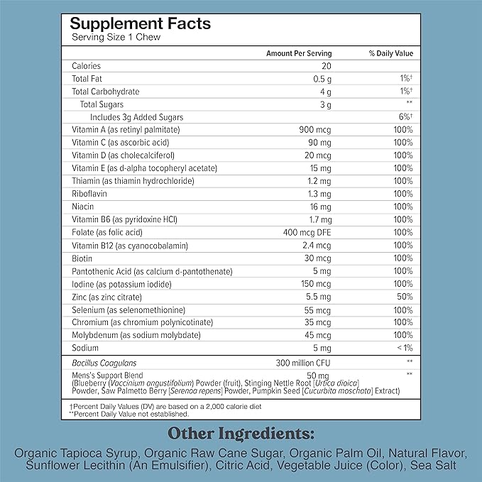 Chewsy - Men's Multivitamin Chews - Immune and Energy Support, Vitamin A, B12, C, D3, E, Probiotics, Saw Palmetto, Zinc - 6-Day Supply