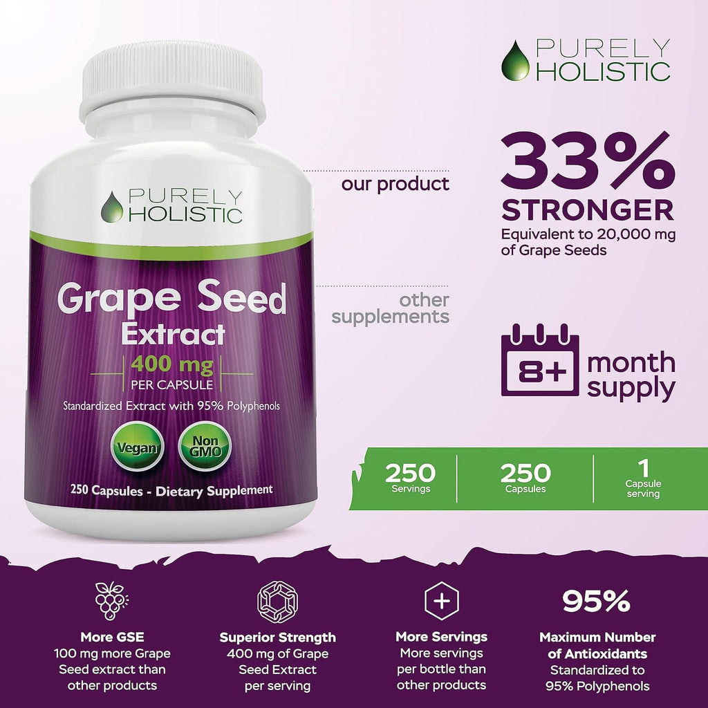 Purely Holistic Grape Seed Extract 20,000mg - 250 Vegan Capsules - 8+ Month Supply - Standardized to 95% Polyphenols - 400 mg per Capsule - Maximum Strength Grapeseed - Non-GMO & Pesticide Free