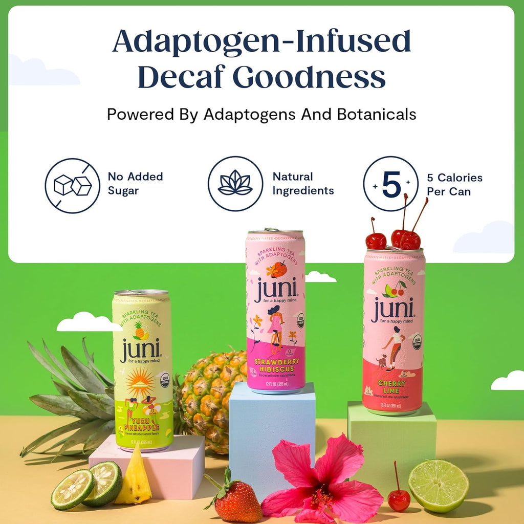 Juni Sparkling Adaptogen Drink with Ashwagandha, Lion’s Mane & Reishi Mushrooms | Green Tea for Focus, Zero Sugar, 5 Calories | Decaffeinated, Non Alcoholic Drinks - Cherry Lime 12 pack