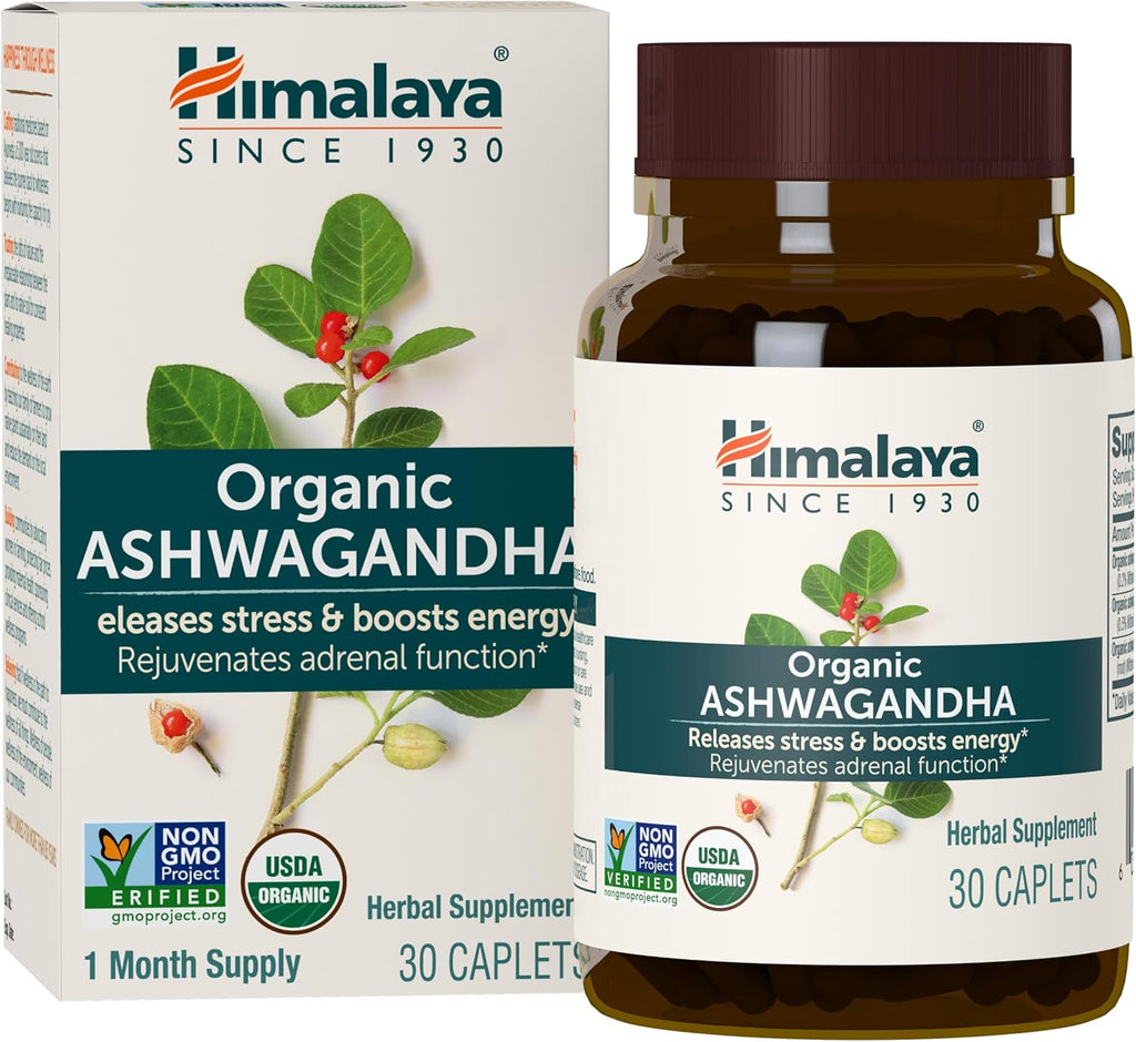 Himalaya Organic Ashwagandha Root, 30 Day Supply - Herbal Adrenal Support Supplements for Stress Relief and Energy Support - USDA Organic, Non-GMO, Vegan, Gluten Free, No Additives, 670 mg, 30 Caplets