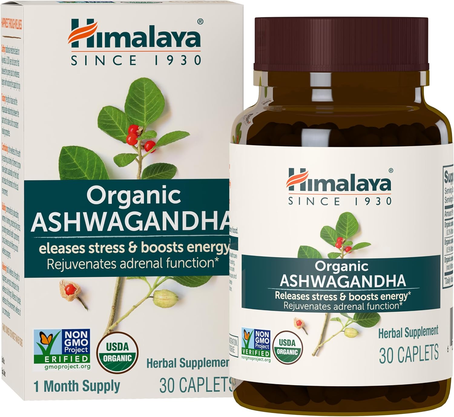 Himalaya Organic Ashwagandha Root, 30 Day Supply - Herbal Adrenal Support Supplements for Stress Relief and Energy Support - USDA Organic, Non-GMO, Vegan, Gluten Free, No Additives, 670 mg, 30 Caplets