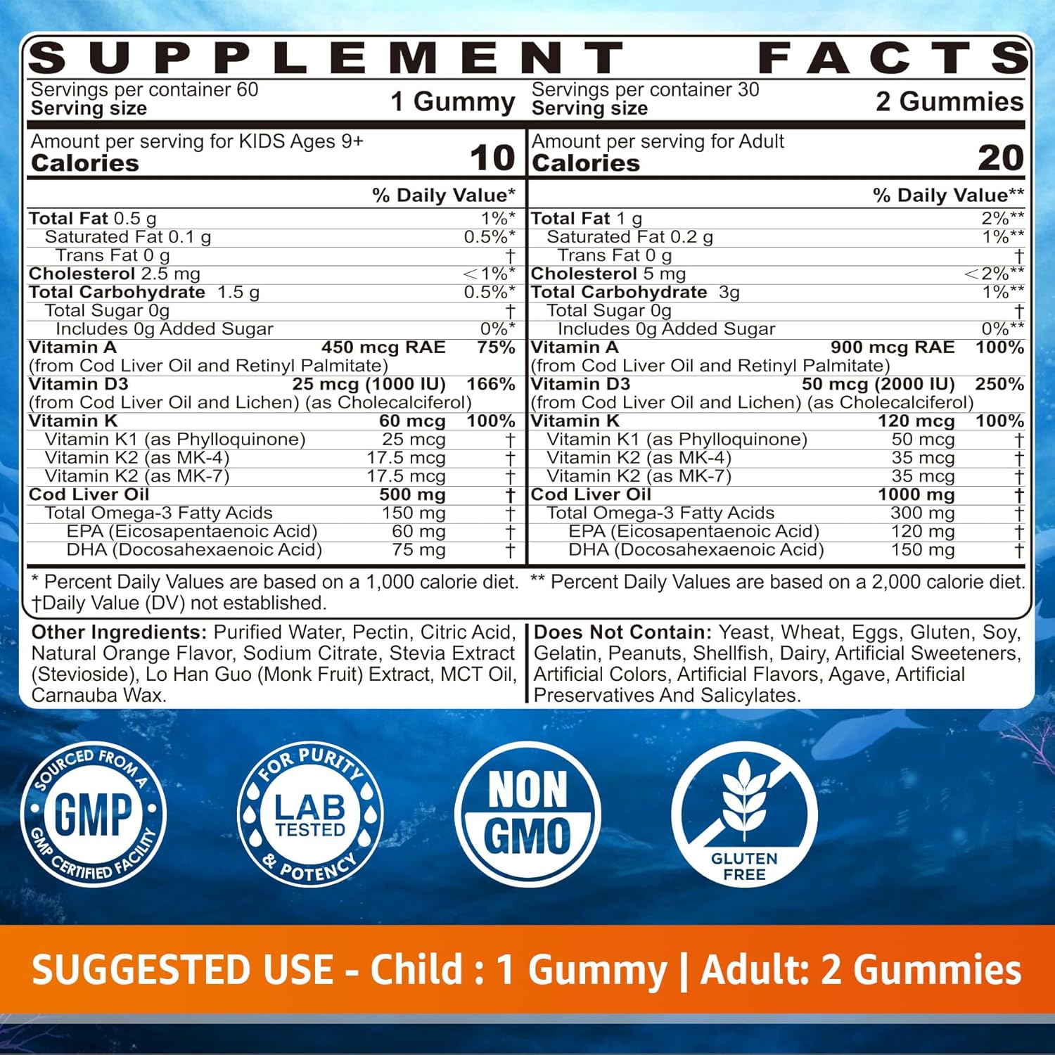 Cod Liver Oil Gummies 1000mg for Kids & Adults - w/Omega 3 (EPA & DHA), Vitamins A, D3 & K2 - Cod Liver Oil Omega 3 Gummies for Immune, Brain & Cognitive Support, SugarFree, Orange Flavor, 120Cts