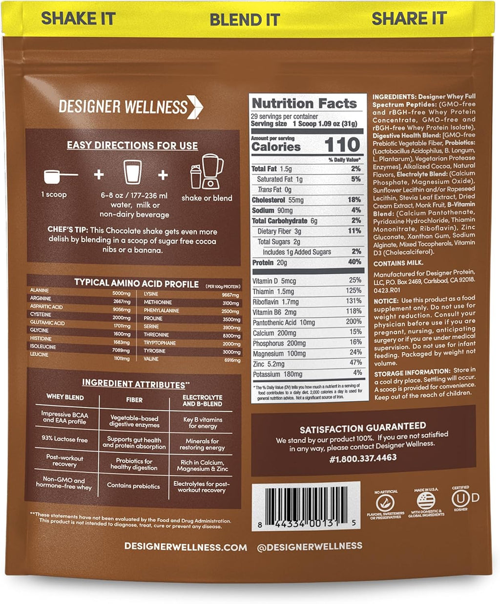 Designer Wellness, Designer Whey, Natural Whey Protein Powder with Probiotics, Fiber, and Key B-Vitamins for Energy, Gluten-Free, Gourmet Chocolate, 2 lb