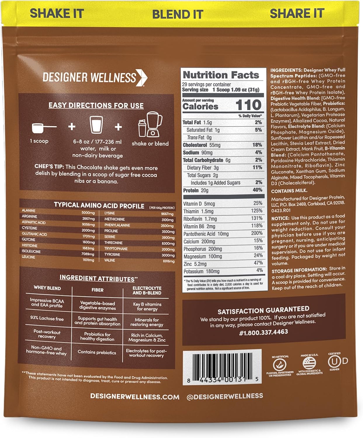 Designer Wellness, Designer Whey, Natural Whey Protein Powder with Probiotics, Fiber, and Key B-Vitamins for Energy, Gluten-Free, Gourmet Chocolate, 2 lb