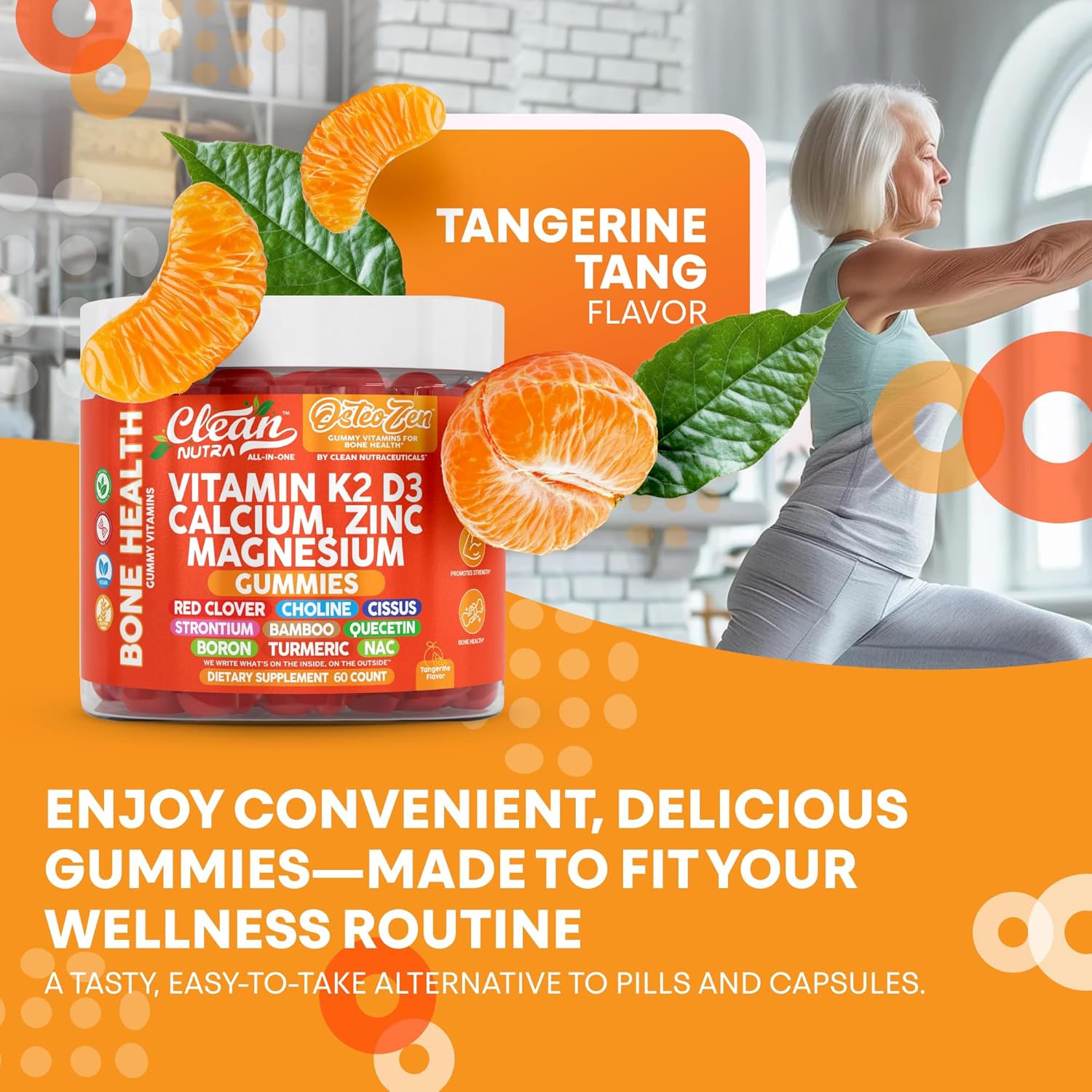Osteo Zen Vitamin D3 K2 Gummies Bone Support Magnesium Zinc Calcium Quercetin Boron Choline Red Clover Turmeric 60 Count Tangerine Tang Flavor for Skeletal Strength & Resilience by Clean Nutra