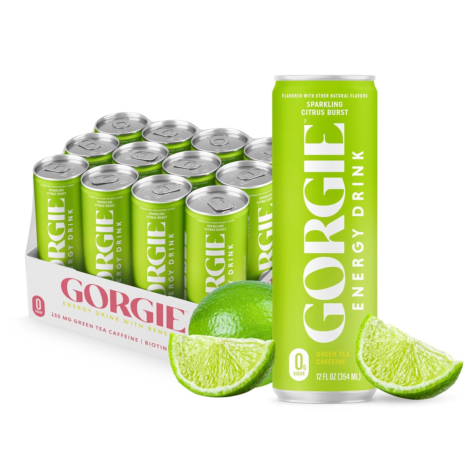 GORGIE Sugar Free Natural Energy Drinks, Sparkling Citrus Burst (12 Pack) - Healthy Energy Drinks - Natural Coffee Replacement with Green Tea Caffeine and Biotin - 150mg Caffeine, Vegan, & Low Calorie