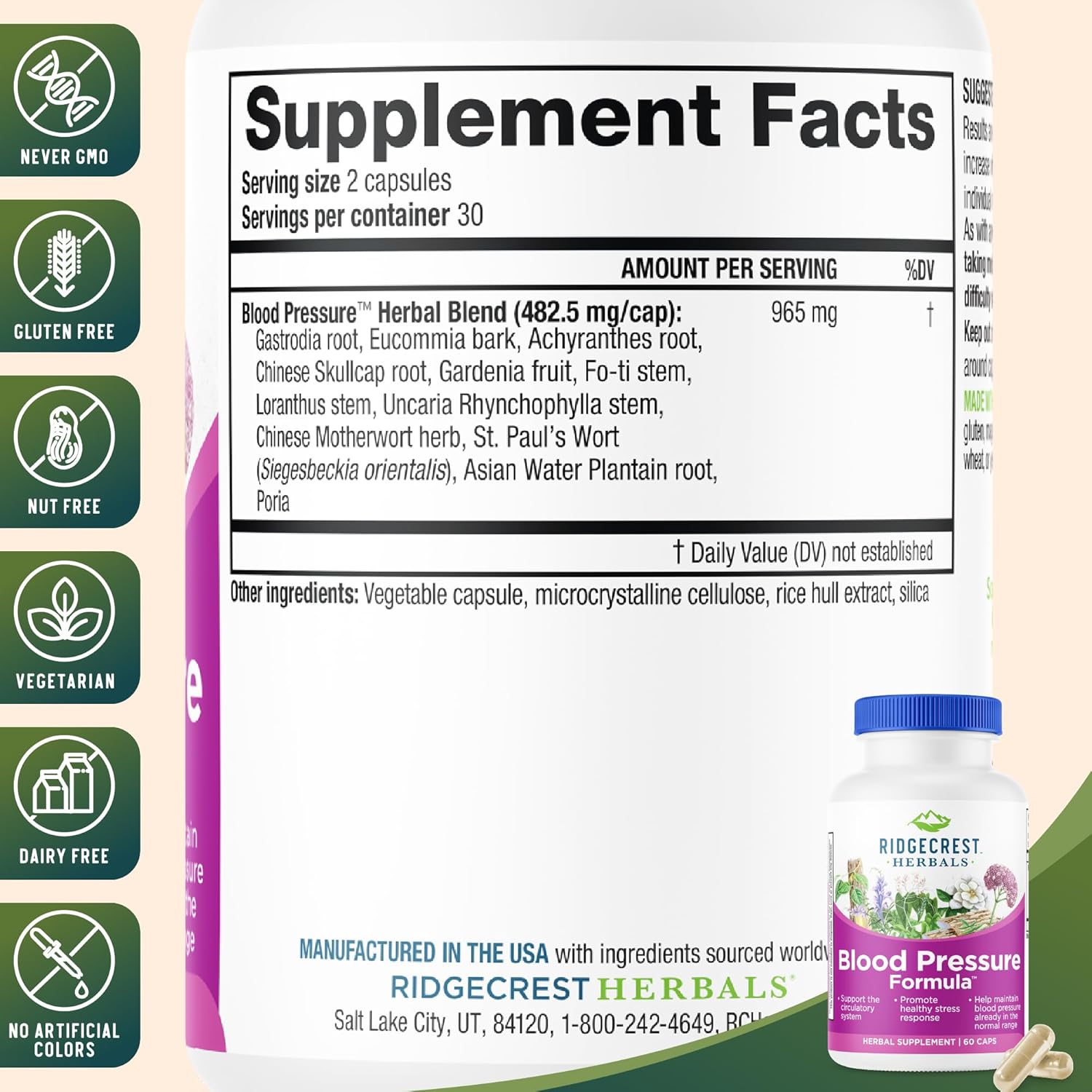 RidgeCrest Herbals Blood Pressure Herbal Formula, 12 Herbs, Poria Mushroom, Gastrodia, Gardenia, for Heart, Vascular, Circulation Health (60 Count (Pack of 1))
