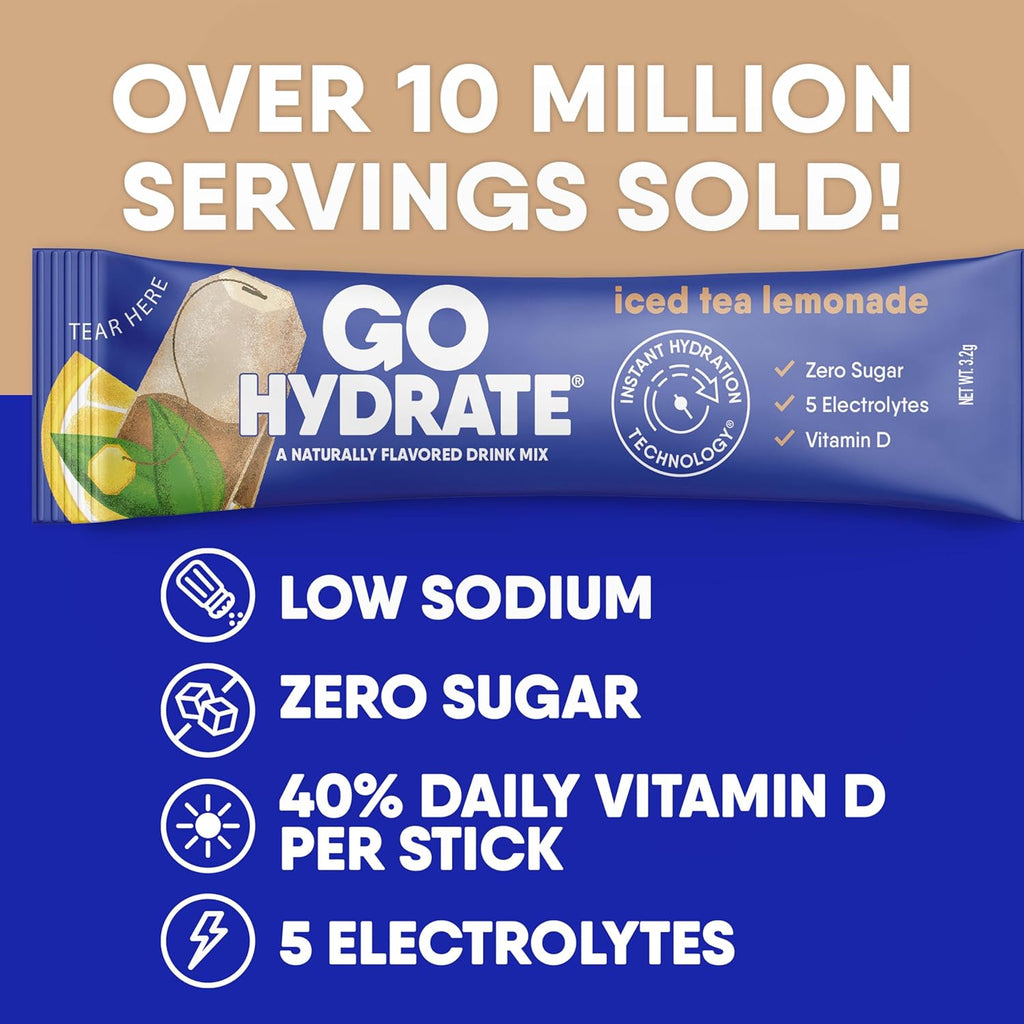 GoHydrate Low Sodium Electrolytes Powder Packets Sugar Free - Instant Hydration Daily Drink Mix - Zero Sugar Water Flavor Packet Singles with Vitamin D - (Iced Tea Lemonade, 30 Packs)