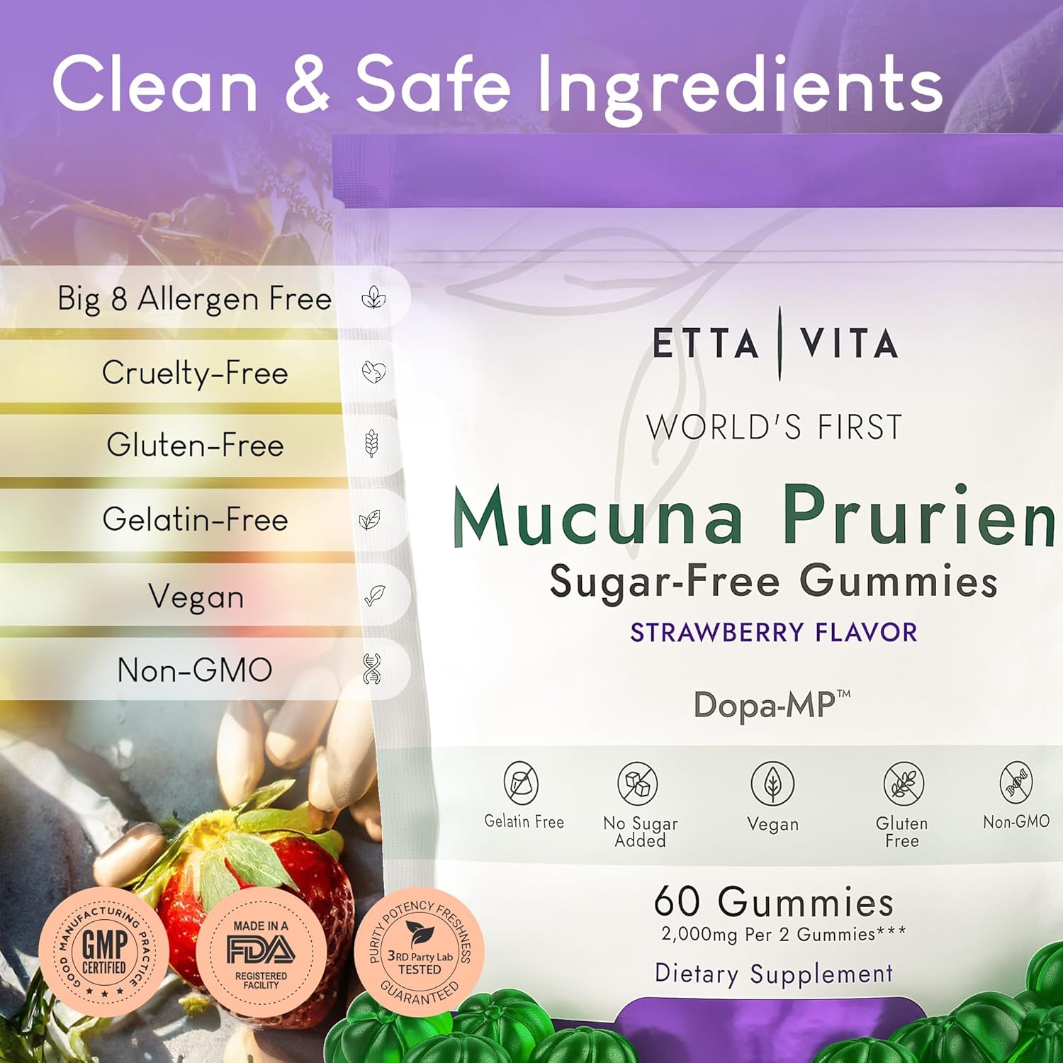Dopamine Supplement - Sugar-Free Mucuna Pruriens Gummies (2g/serving) Energy & Focus Gummies - Potent Mucuna Pruriens Extract Supplement for Calm Mood and Motivation, Vegan, Non-GMO, Gluten-Free, 60ct