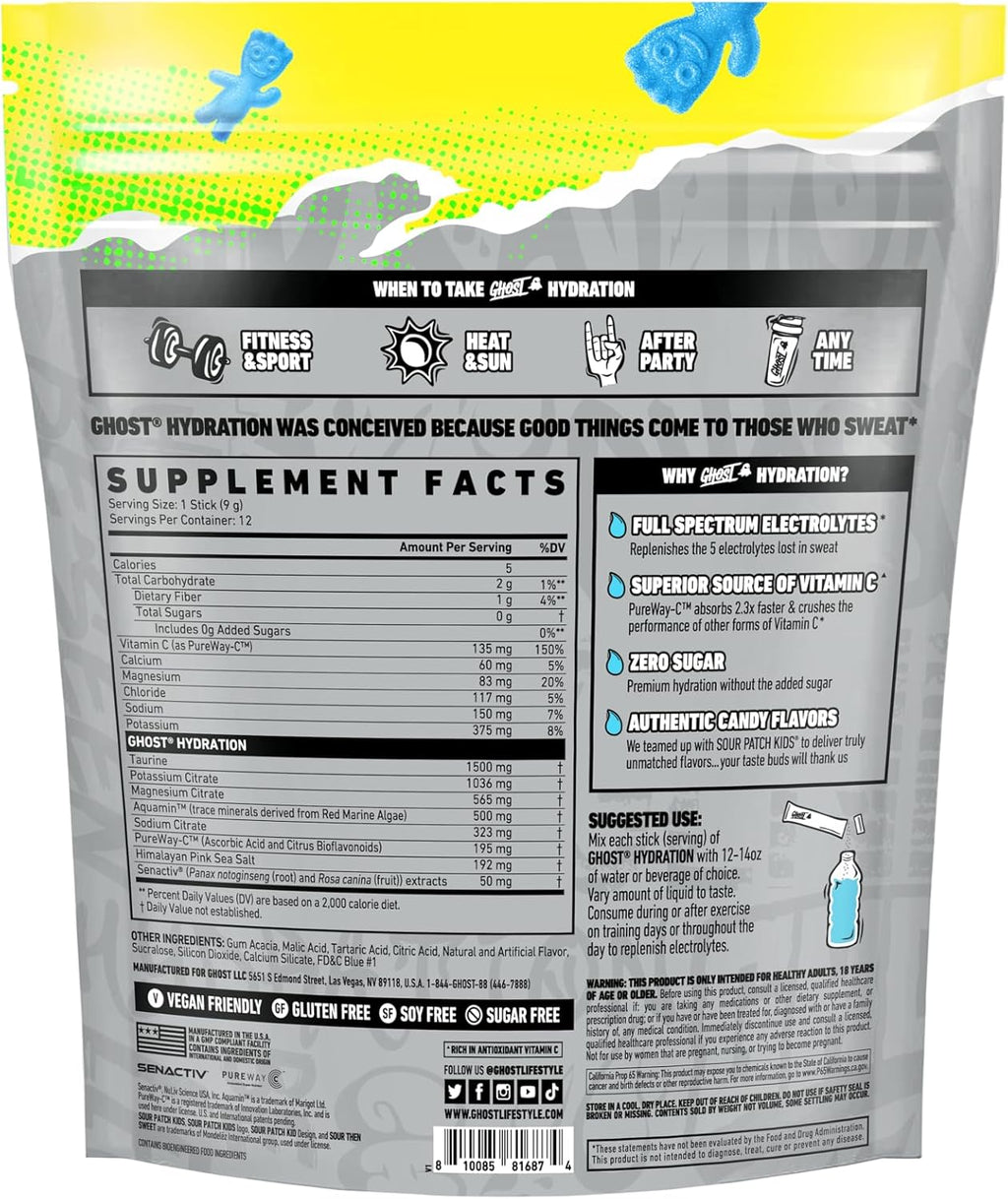 GHOST Hydration Packets, Sour Patch Kids Blue Raspberry, 12 Sticks, Electrolyte Powder - Drink Mix Supplement with Magnesium, Potassium, Calcium, Vitamin C - Vegan, Free of Soy, Sugar & Gluten