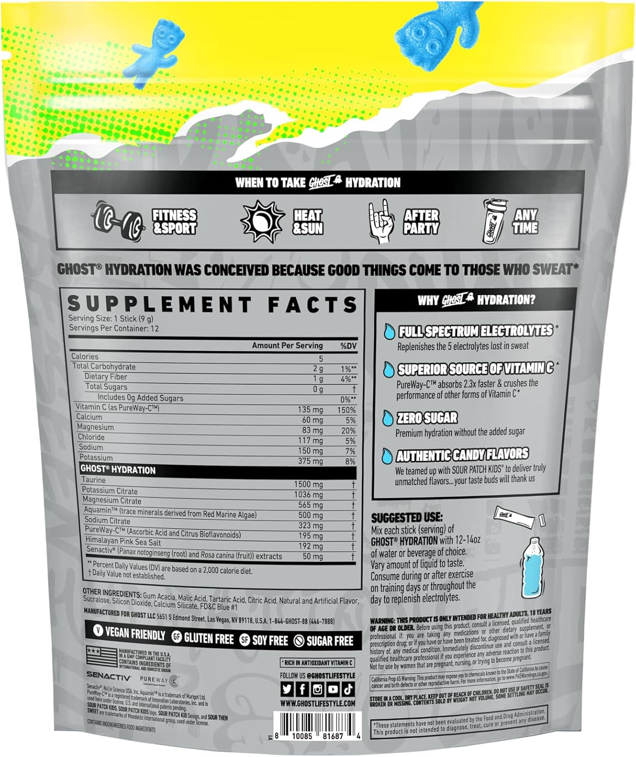 GHOST Hydration Packets, Sour Patch Kids Blue Raspberry, 12 Sticks, Electrolyte Powder - Drink Mix Supplement with Magnesium, Potassium, Calcium, Vitamin C - Vegan, Free of Soy, Sugar & Gluten