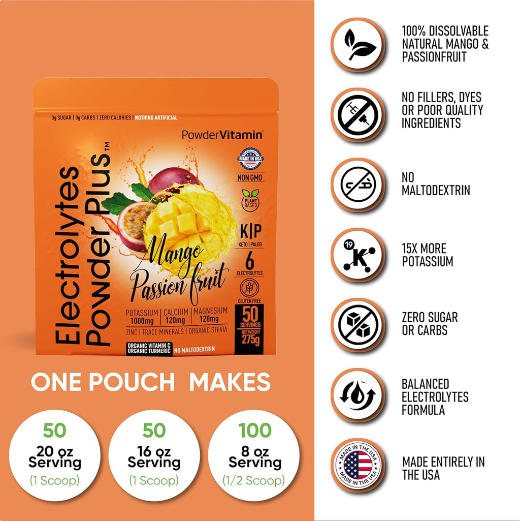 PowderVitamin Electrolytes Powder Plus (50 Servings) Mango Passionfruit Electrolyte Powder Zero Calorie Keto, 0 Sugar, No Maltodextrin,1000mg Potassium,120mg Calcium,120mg Magnesium, Hydration Powder