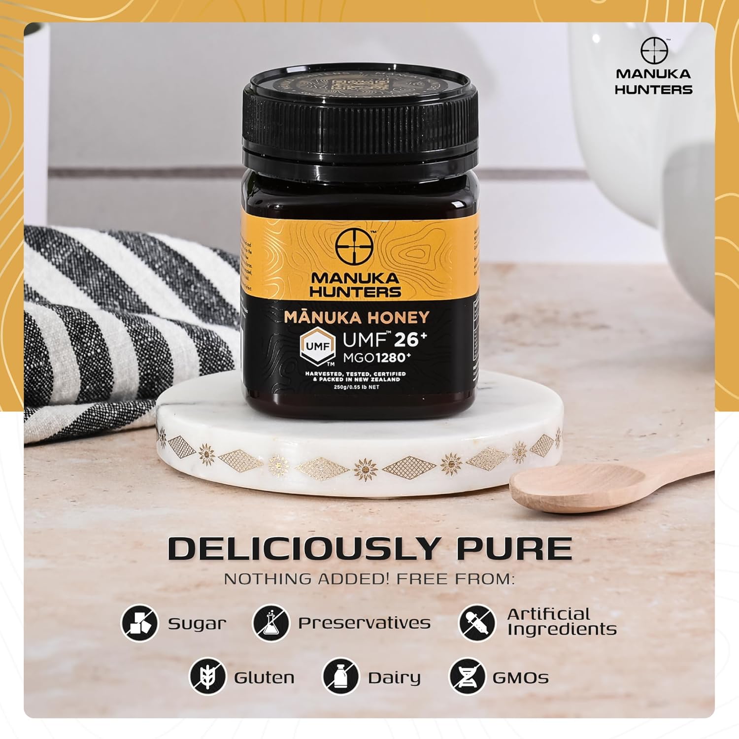 Manuka Hunters UMF 26+/MGO 1280+ Certified New Zealand Manuka Honey - 100% Pure Natural Sweetener - Gluten, Dairy Free - Ideal for Tea, Coffee, Smoothies, and Baking - Sustainable - 8.8oz/250g Jar