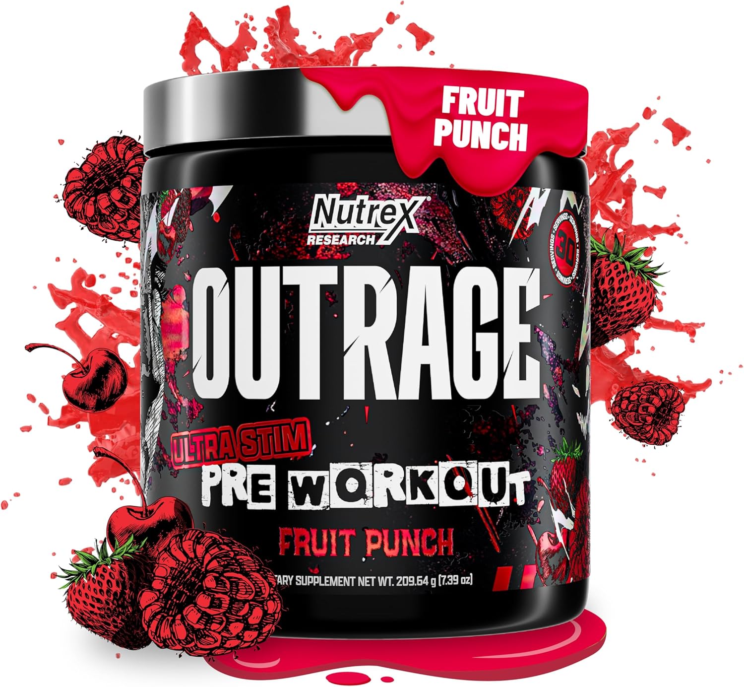 Outrage Ultra HIGH STIM Pre-Workout Powder for Men Fruit Punch | 400mg Caffeine, L-Citrulline, Beta-Alanine, Creatine | Extreme Energy, Focus, Strength & Endurance | 30 Servings