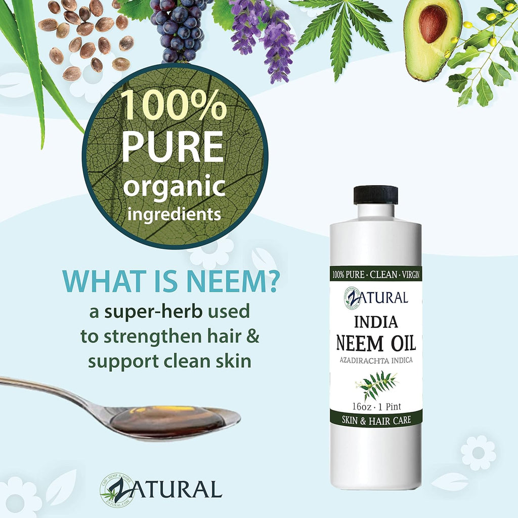Zatural Organically Grown Neem Seed Oil 100% Pure Cold Pressed for Hair, Skin, Nails, Garden & Pets (16oz)